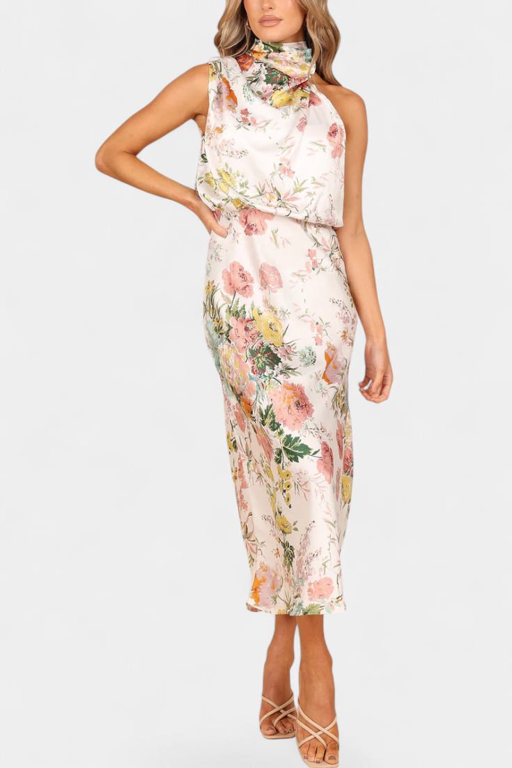 Lisa Abito maxi Floreale con Collo halter e Vita Elástica