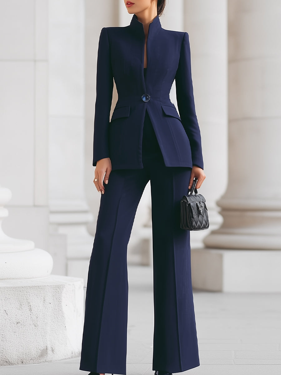 Completo Blu navy con Blazer di Collo alto e Pantaloni a gamba larga