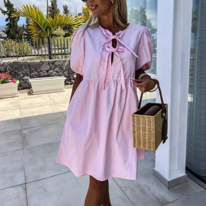 Mini Abito da donna con Maniche Abullonadas e Dettaglio di Fiocco Frontal