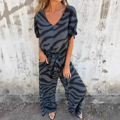 Evelina | Top e Pantaloni di collo a V con Stampa di Cebra