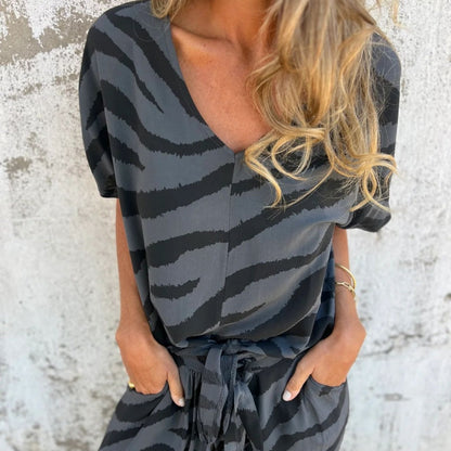 Evelina | Top e Pantaloni di collo a V con Stampa di Cebra