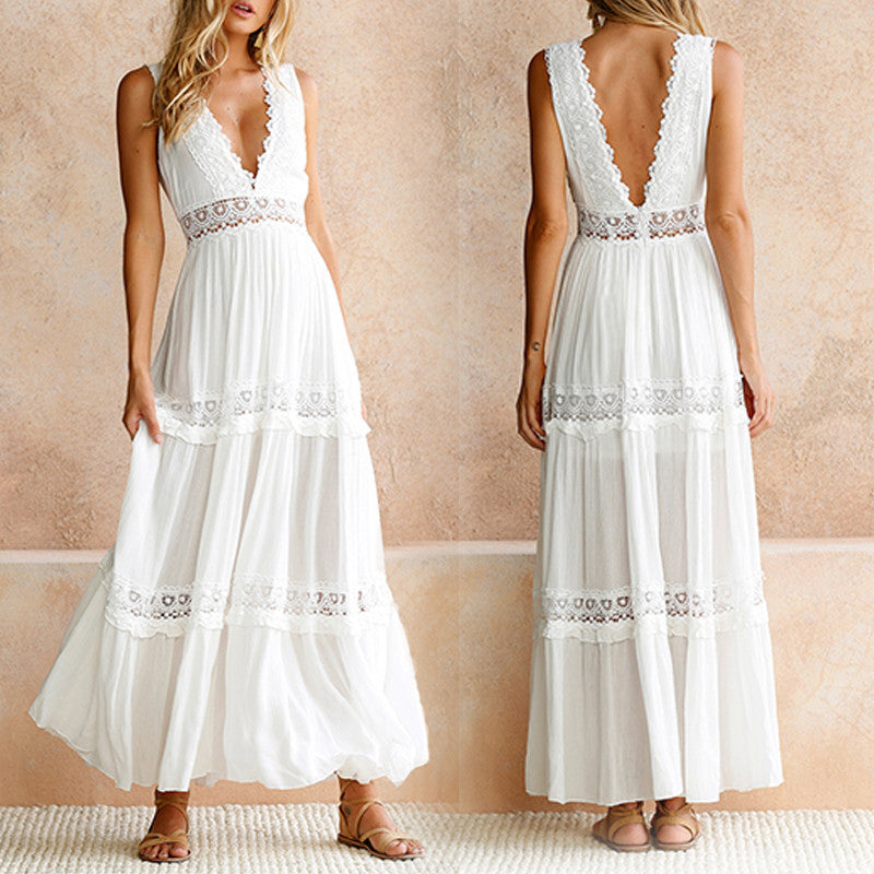 Nancy – Abito maxi con Espalda di Pizzo e Scollo a V