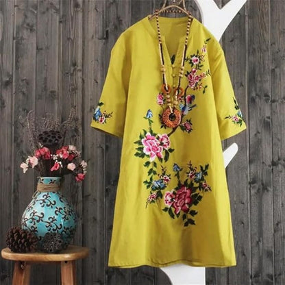 Haven – Abito Ricamo Floreale con Scollo a V Largo