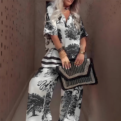 ELLACYN – TOP IMPRESO CON scollo a V E PANTALONI LARGOS