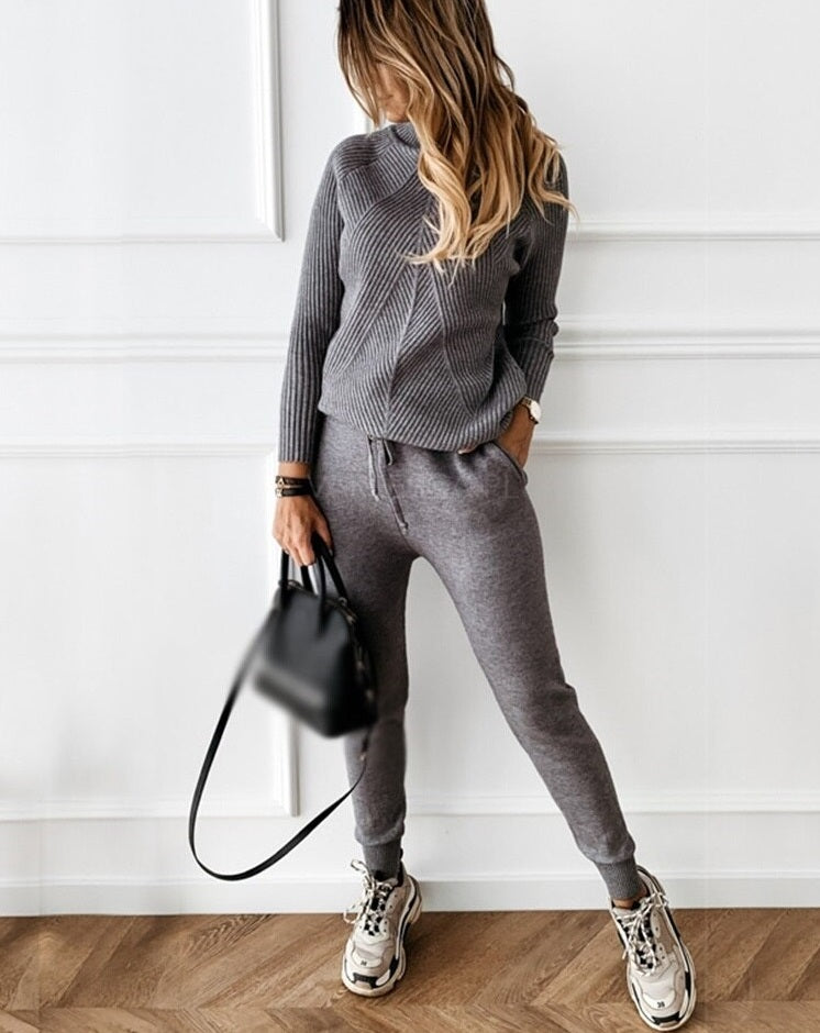 Set di Tuta di Maglia Acanalado di 2 Pezzi per Donne con Joggers e Felpa
