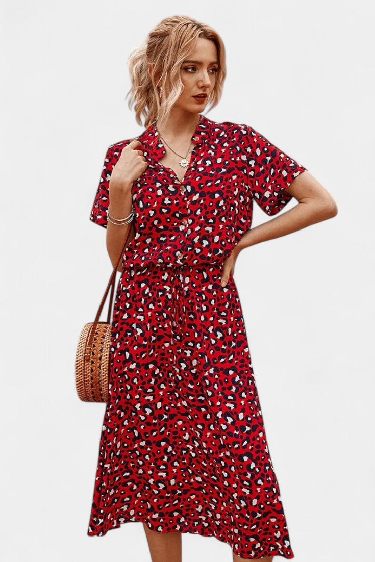 Rovena Abito midi di Pois con Collo Camisero e Vita Regolabile