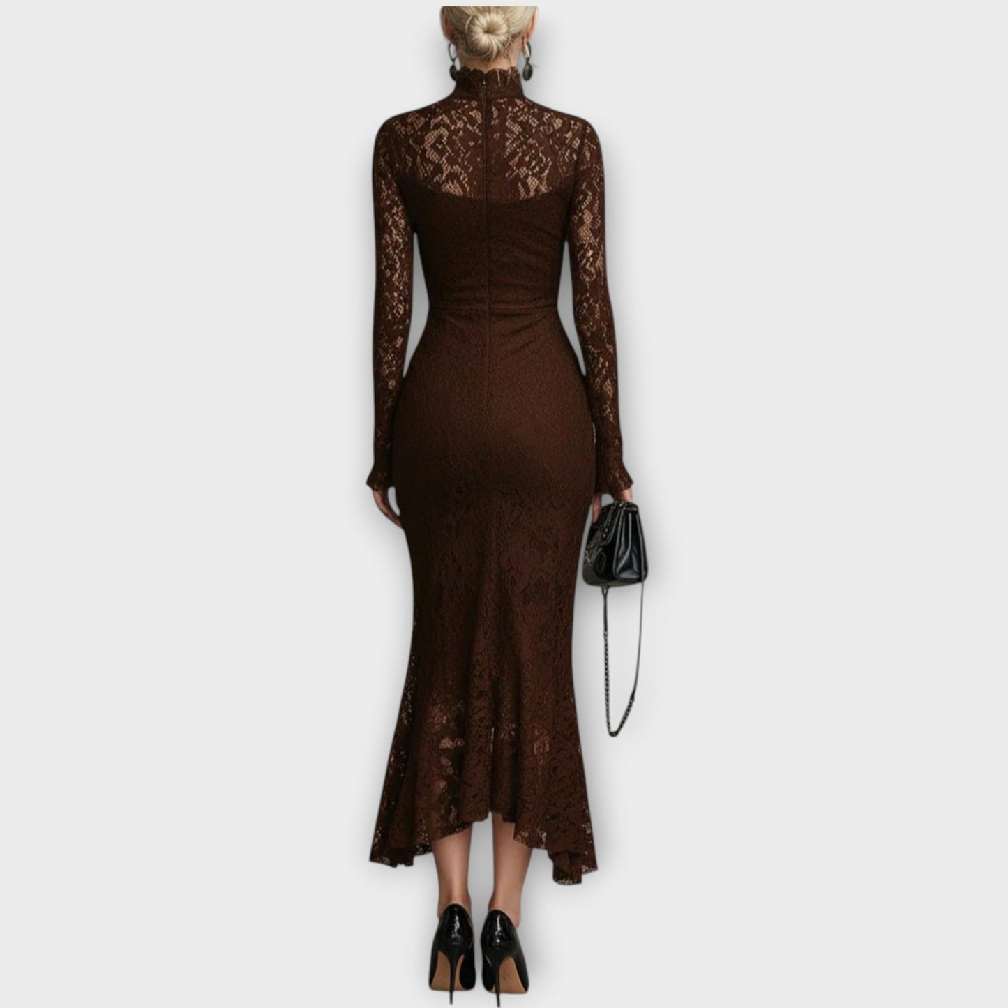 Abito midi Elegante in pizzo con Collo alto