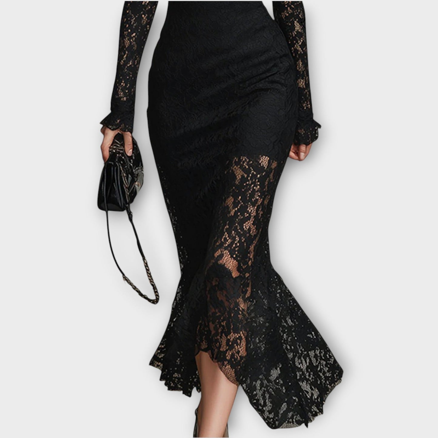 Abito midi Elegante in pizzo con Collo alto