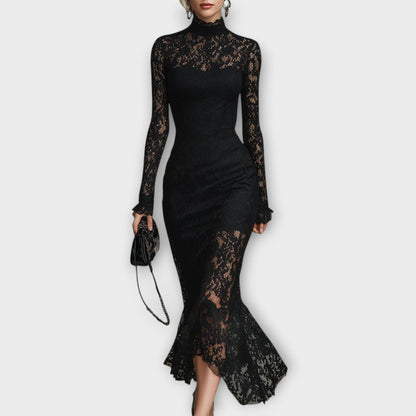 Abito midi Elegante in pizzo con Collo alto