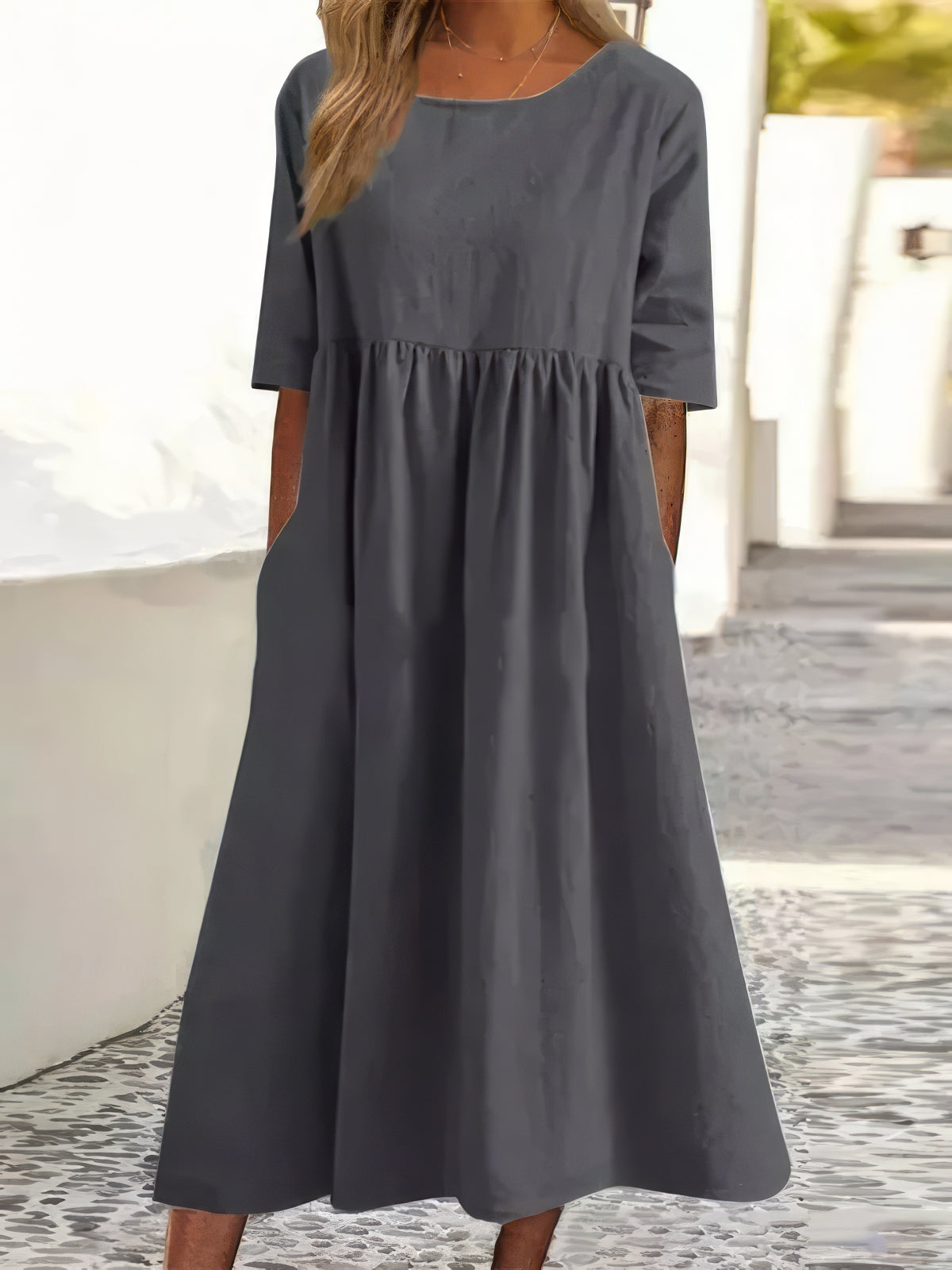 Maikee - Abito in cotone con scollo rotondo e tasche